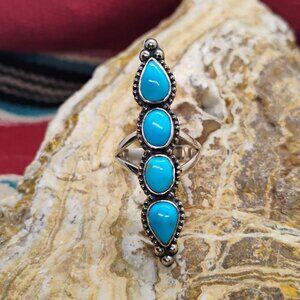 Southwest Sterling Silver Turquoise Long Blossom Ring Size 7.5 Knuckle Ring